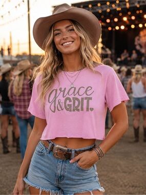 Lulu Mac Grace & Grit Pink Graphic Tee Size M Cropped Cut Off country girl